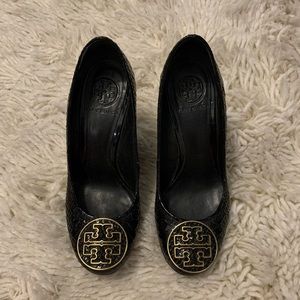 Black Crocodile Tory Burch wedges. Size 5.5